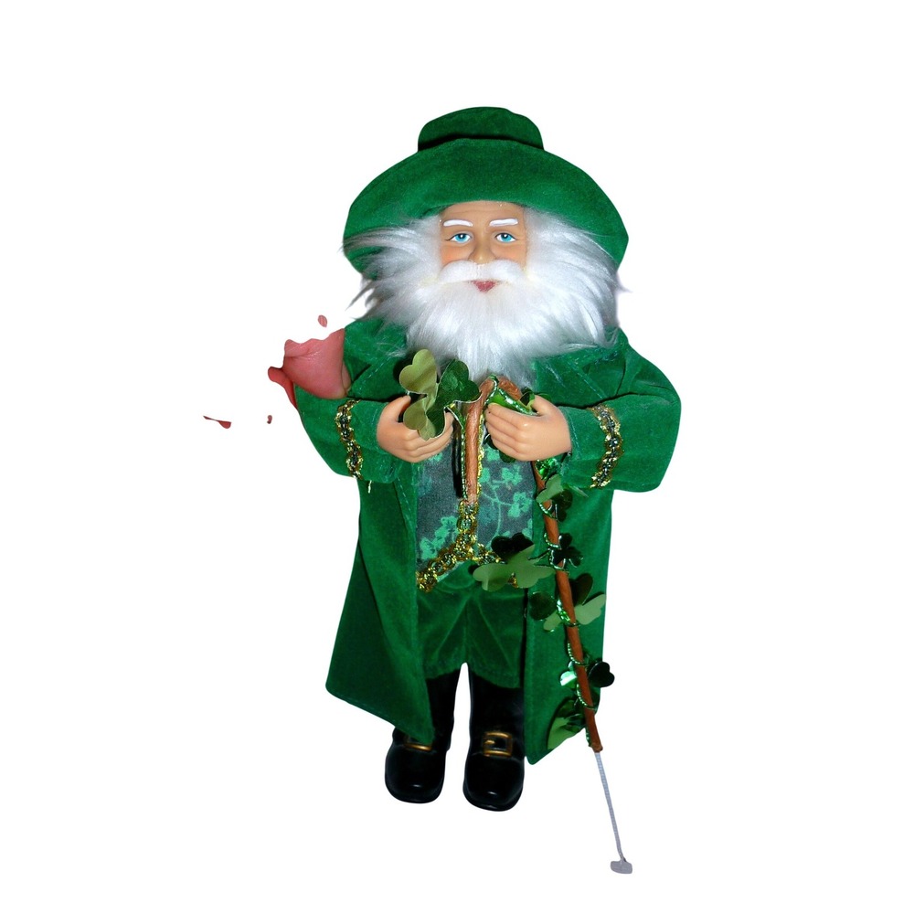 St‎ Patricks Day Leprechaun Doll Green Velvet Gold Trim Shamrock Staff 10 inch - Picture 2 of 7